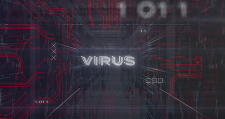 Image of virus text over binary codes, computer language against connected dots on server room