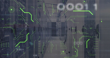 Image of x symbol with binary codes and circuit board patterns over server room