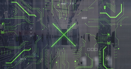 Image of x symbol with binary codes over circuit board pattern on server racks