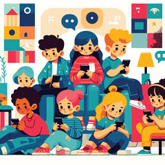 illustration of children addicted to playing with smartphone in flat design style