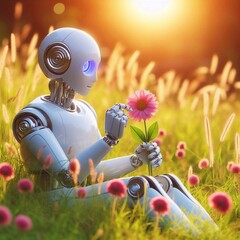 The robot admires a flower while lying in a field. The robot is resting on a grass field under the sun, holding a pink flower in his hands and admiring its nature