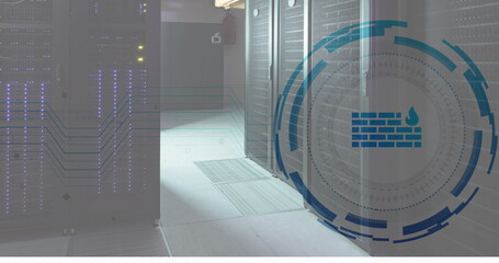 Image of firewall icon in loading circles over illuminated server racks in server room