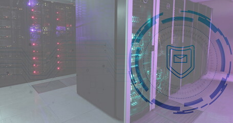 Image of envelope and shield in loading circles, illuminated data server racks in server room