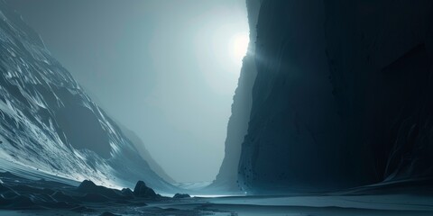 A surreal and cold icy canyon landscape illuminated by a soft moonlight glow.