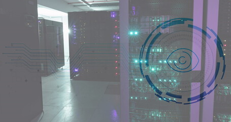 Image of eye in loading circles over illuminated data server racks in server room