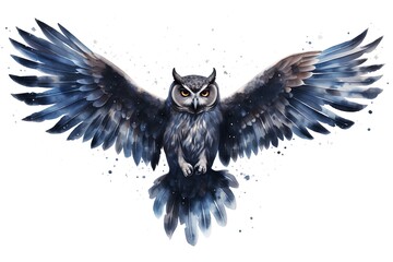 Owl with wings spread. Watercolor illustration isolated on white background.