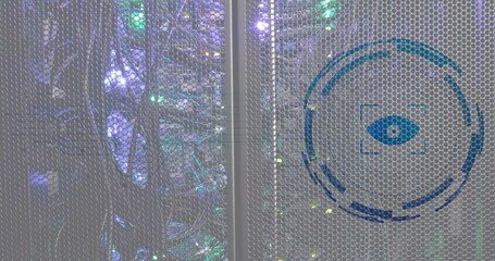 Image of viewfinder and eye in loading circles over illuminated data server racks