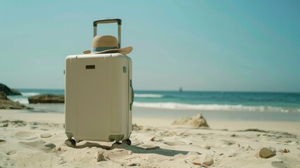 A lone travel suitcase with a hat on top stands on a sandy beach with ocean backdrop.