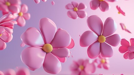 Fototapeta na wymiar Angular 3D pink flowers with five pink petals and a yellow center