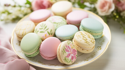 Jolis macarons colorés et décorés. Pâtisserie, délicieux, sucré. Nourriture. Luxe. Spécialité française, Paris. Pour conception et création graphique.