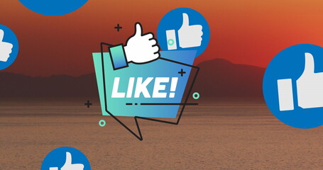 Naklejka premium Image of social media icons over sunset and sea landscape