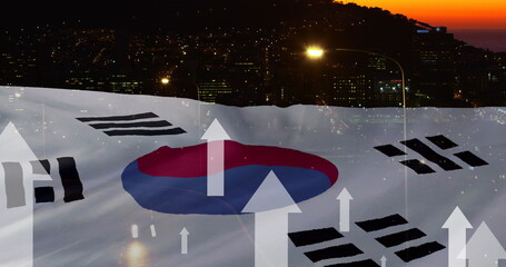 Fototapeta premium Image of white arrows and flag of south korea over city