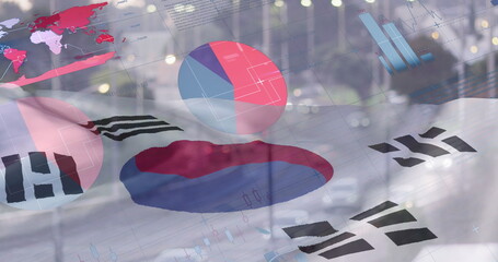 Fototapeta premium Image of diagrams, data processing, world map and flag of south korea over city