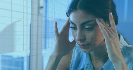 Image of financial data processing over biracial businesswoman in office