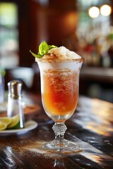 A richly garnished spicy Michelada cocktail with a salted rim