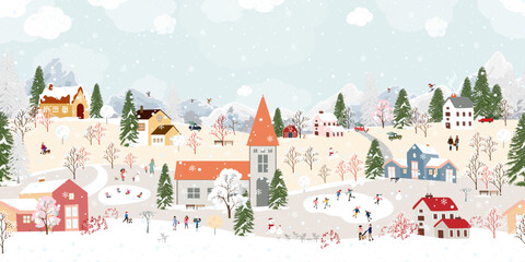 Winter Pattern,Christmas background,Winter wonderland landscape city with pine tree,cute house,people playing ice skate,Vector design Family celebration in village on New Year Eve,Xmas Holiday 2025.