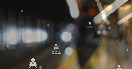 Image of profile icon flowcharts over blurred train arriving at subway