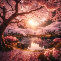AI generated illustration of a park with pink cherry blossoms basking in sunlight