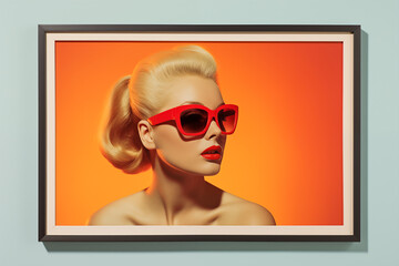 1950's movie poster of a beautiful 40 year old woman blonde with sunglasses and a ponytail, retro vintage art style - 785134797