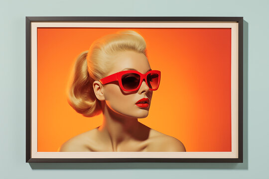 1950's movie poster of a beautiful 40 year old woman blonde with sunglasses and a ponytail, retro vintage art style