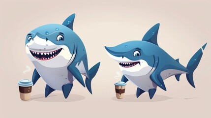 A cute modern shark cartoon character illustration. Ocean fish mascot icon smiling, smiling, drinking coffee, and attacking with a tooth. Animal face underwater scary or happy.