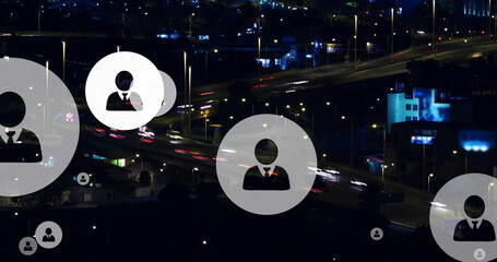 Image of multiple profile icons over time lapse of moving vehicles on bridge in city