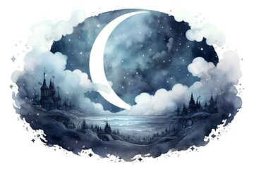 Watercolor illustration of a night landscape with a crescent moon in the sky.