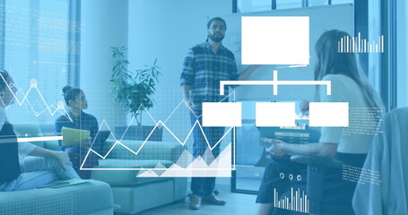 Image of multiple icons over diverse man explaining strategy to coworkers on whiteboard