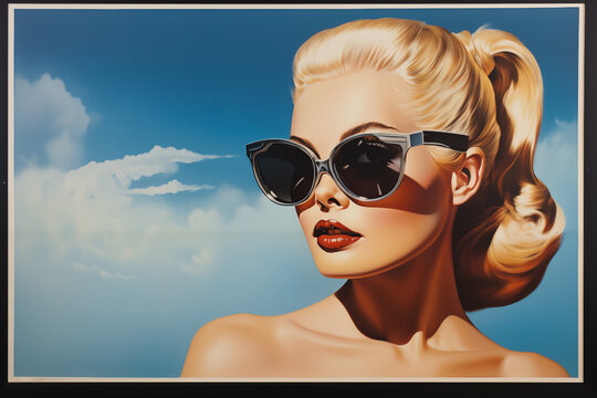 1950's movie poster of a beautiful 40 year old woman blonde with sunglasses and a ponytail, retro vintage art style