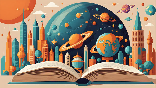 World Book Day an open book with planets happy kids 6