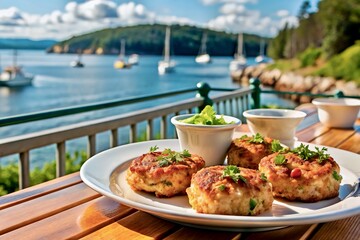 Maine crab cakes served on the open restaurant terrace in the marina area
