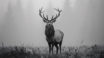 AI generated illustration of a monochrome image of a deer in the field