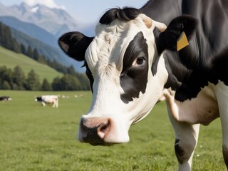 Closeup image of a cow in a field