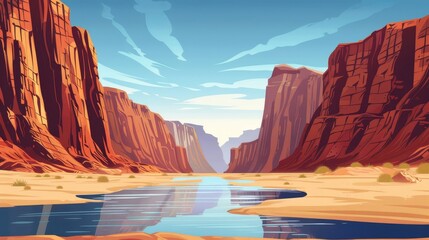 The river flows within a rock desert cartoon landscape background. Boulder stones and the canyon valley can be seen in the national utah park. The ancient arch and cliff formations near water are - obrazy, fototapety, plakaty