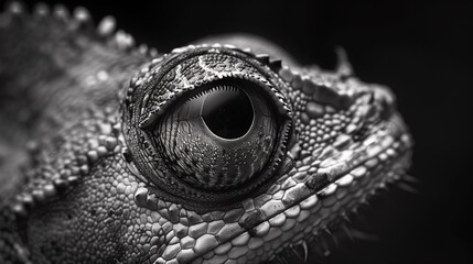 AI generated illustration of a close-up of a chameleon in grayscale