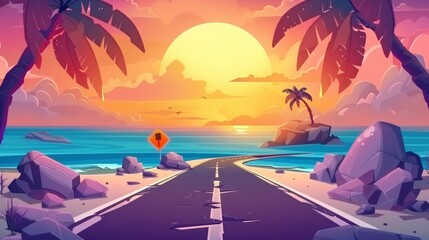 Modern cartoon illustration of tropical sunset on a highway leading to sea beach, with rocky stones and palm trees along the shoreline, an orange sunset sky in the background.