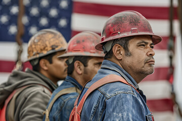 Serious construction workers with an American flag backdrop