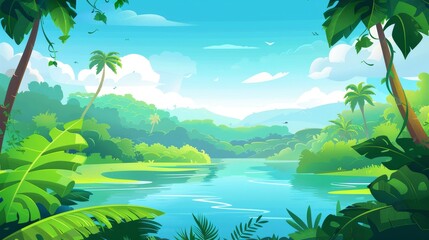 An illustration of a river in the jungle rainforest with grass, creepers, and wild amazonian scenery. A modern illustration of a lake with water in a tropical landscape. A rainforest game scene - obrazy, fototapety, plakaty
