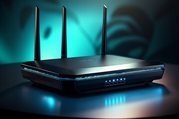Wifi router on the table with city background. 3d rendering - obrazy, fototapety, plakaty
