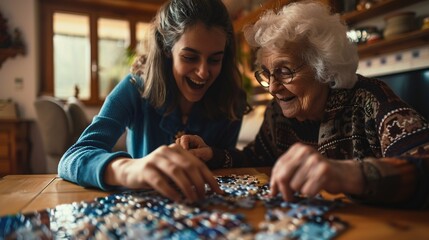 Cheerful woman helping elderly lady with puzzle at residence.