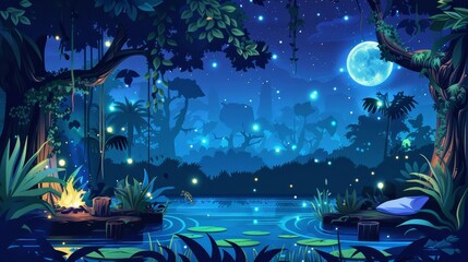 Fantasy game landscape with tree, pond water, campfire and pillow on a night jungle forest background with swamp and firefly modern illustration. Fantastic and spooky adventure illustration featuring - obrazy, fototapety, plakaty