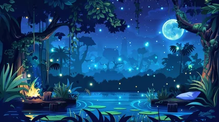 Foto op Canvas Fantasy game landscape with tree, pond water, campfire and pillow on a night jungle forest background with swamp and firefly modern illustration. Fantastic and spooky adventure illustration featuring © Mark