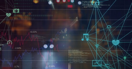 Image of data processing and network of connections with icons over cars on street