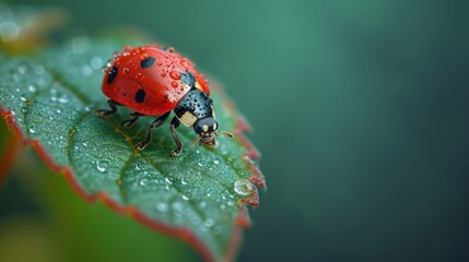 A tiny ladybug perches atop a dew-kissed leaf  its vibrant red shell a striking contrast against the emerald green backdrop.