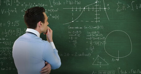 Image of head and shoulders back view of a Caucasian man with hand on chin facing a green chalkboard