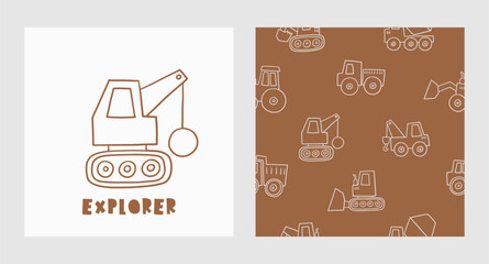 Cute little cars, truck. Cartoon cars outline. Flat vector seamless pattern
 - obrazy, fototapety, plakaty