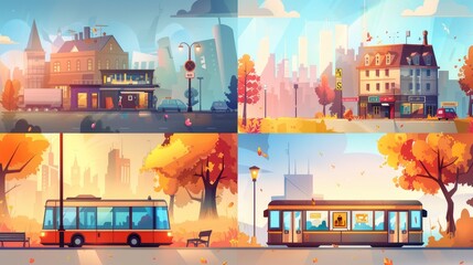 Modern set of a bus stop on a city street road in summer, spring, winter, and autumn. Cityscape landscape with trees and buildings. - obrazy, fototapety, plakaty
