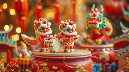 Fototapeta premium This is a Chinese folk religion activity depicting miniature young men doing dragon and lion dances on a large drum along with other holiday-related objects. Translation: Chinese New Year temple