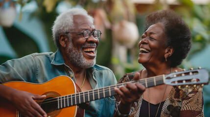 Joyful senior couple with guitar - Powered by Adobe