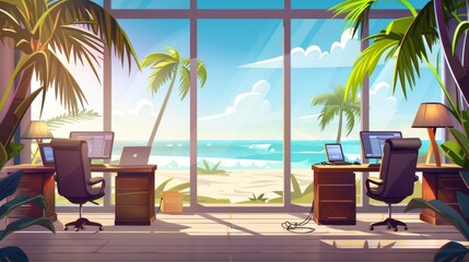 Office interior at a seaside company with palm trees behind large windows. Cartoon illustration of laptops and folders on desks and chairs. View of tropical beach. - obrazy, fototapety, plakaty
